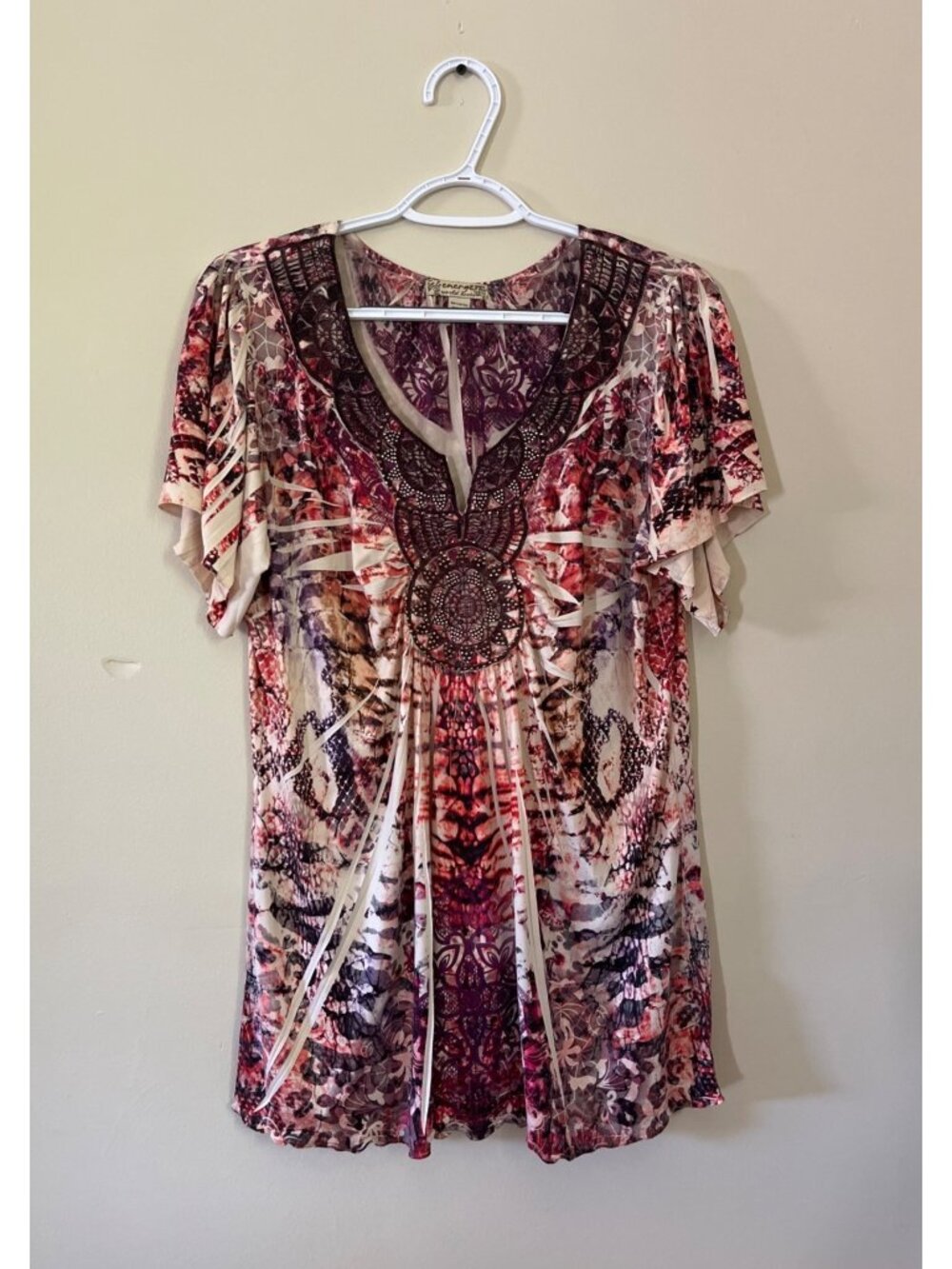 Energe World Wear Womens XLarge Petite Red Short Sleeve Boho Tunic Flutter Sleev